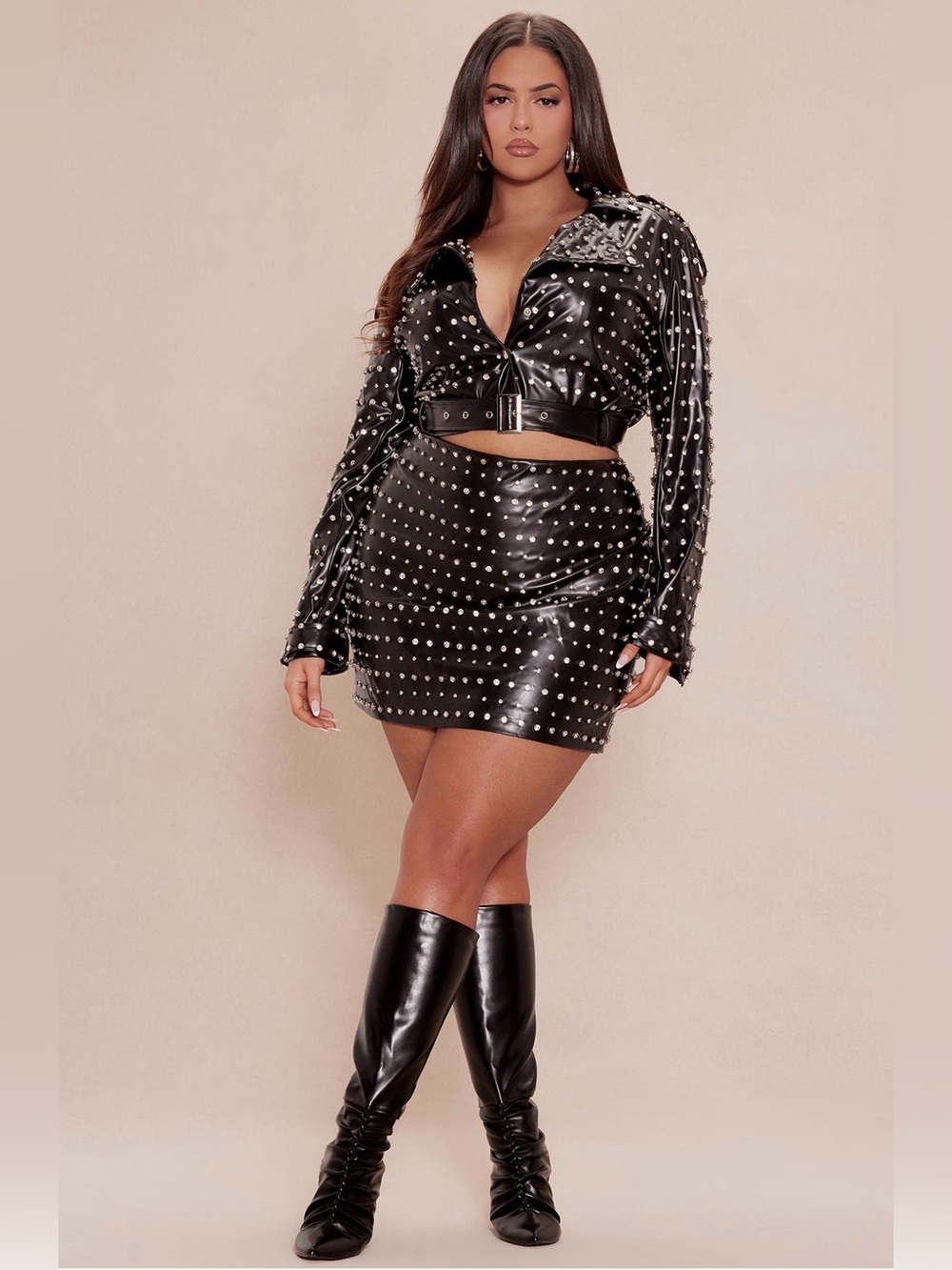 🖤Fashion Nova 2 Pc Black Rhinestone Studded Faux Leather Jacket & Mini Skirt 2X